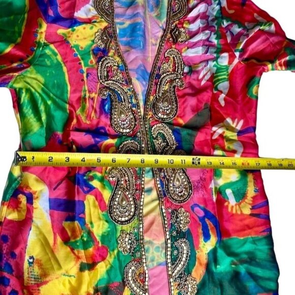 Vintage Hand Beaded Kaftan Dress With Vibrant Abstract Print 3/4 Sleeves Size M - Picture 13 of 14